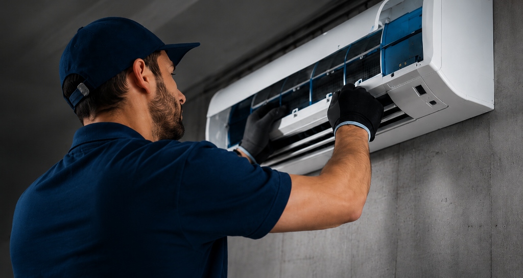 Técnico profesional trabajando en aire acondicionado